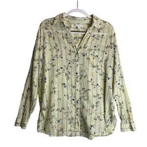 J. Jill Cotton Blouse Button Up Long Sleeve Striped Floral Yellow Blue Country M